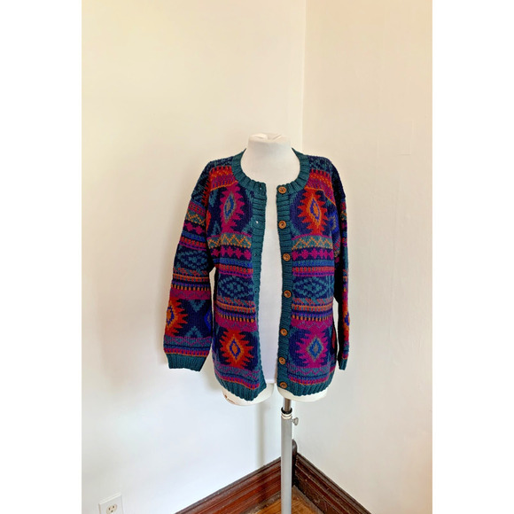 Y2K VTG Nomadic Traders Cardigan Sweater Geometric Aztec Knit Boho Wool Peru - Picture 3 of 15